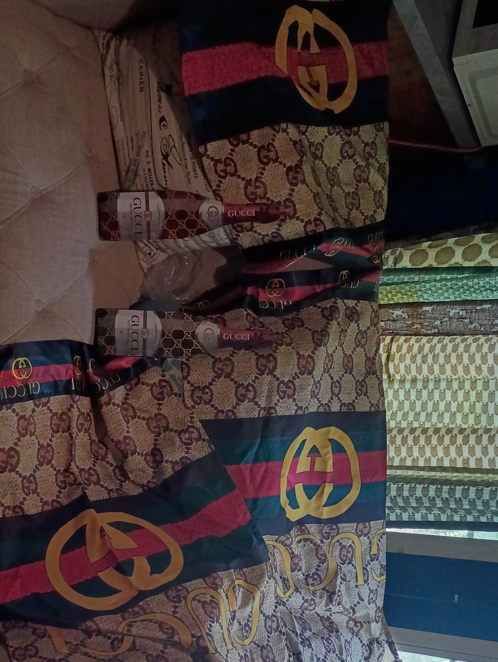 Gucci Brown Monogram Silk Curtains with Green & Red Stripes and Gold Logos
